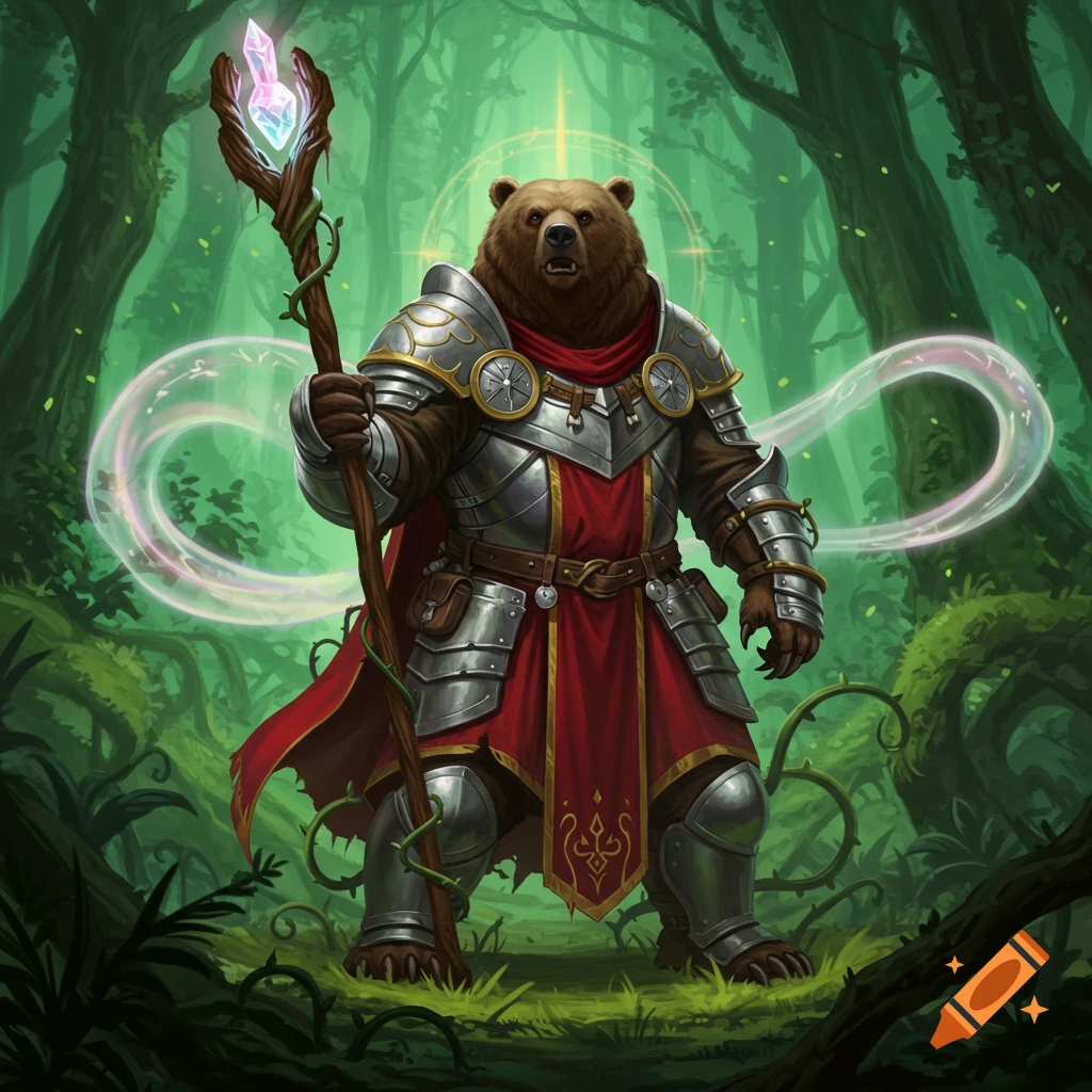 A bear wearing silver armor and a red cape holds a glowing staff in a magical forest.