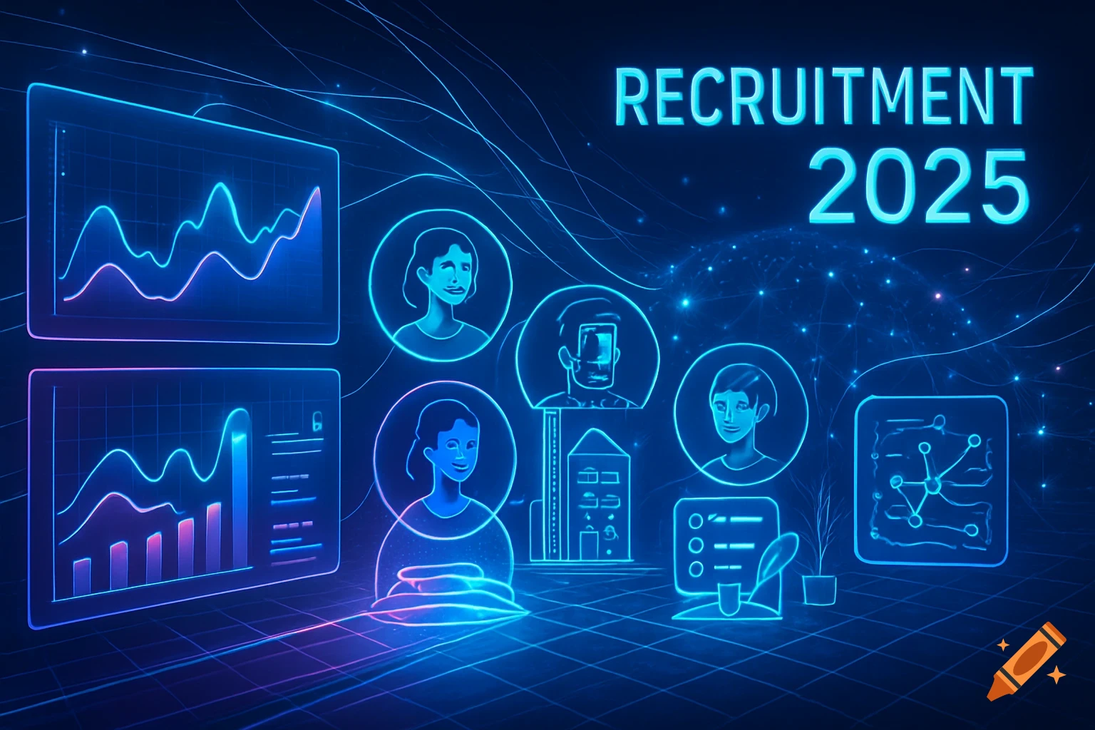 Futuristic blue neon graphic with "RECRUITMENT 2025" text, surrounded by glowing icons of people, data charts, and buildings.