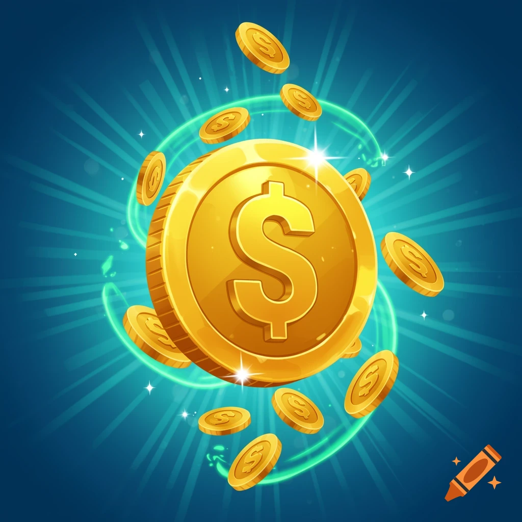 A cartoon gold coin with a dollar sign, surrounded by smaller falling coins, against a radiating blue background with green light trails.