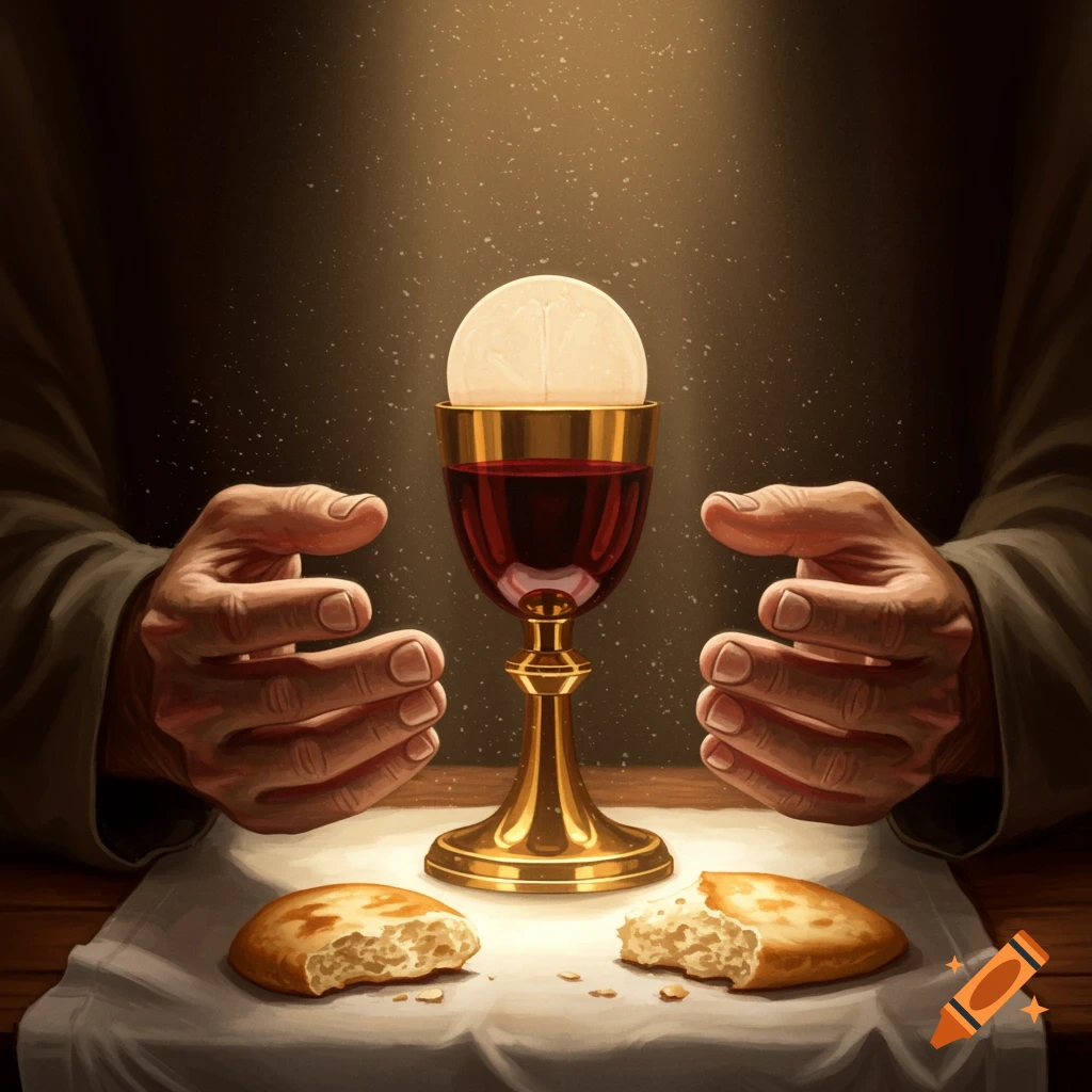 Hands reach towards a golden chalice filled with red wine and a communion wafer, with broken bread on a white cloth in a dimly lit, sacred setting.