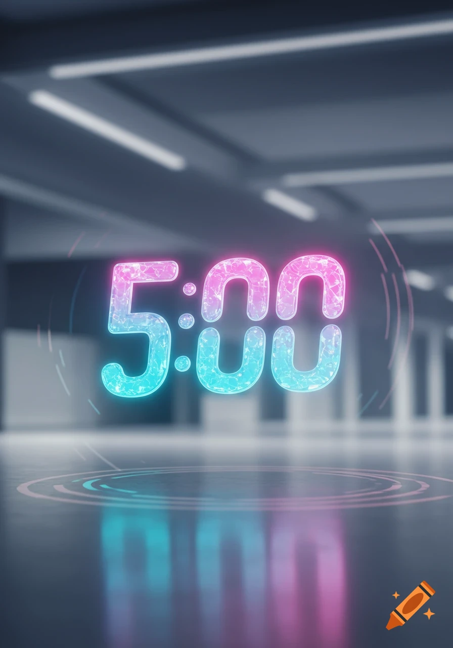 Holographic digital timer displaying 5:00 in a modern, blurry room with reflections.