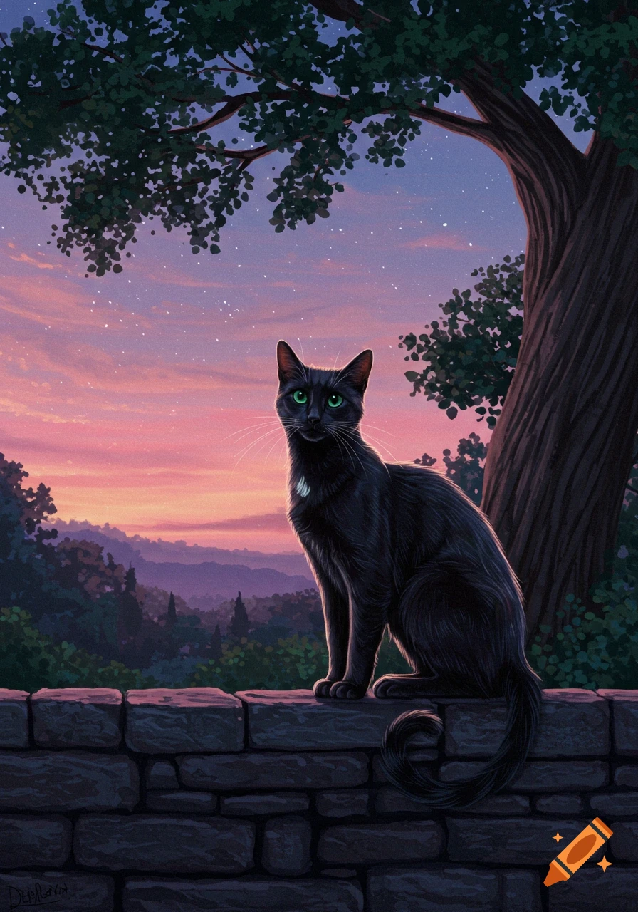 A black cat with bright green eyes sits on a stone wall at dusk, with a vibrant pink and purple sky, mountains, and trees in the background.