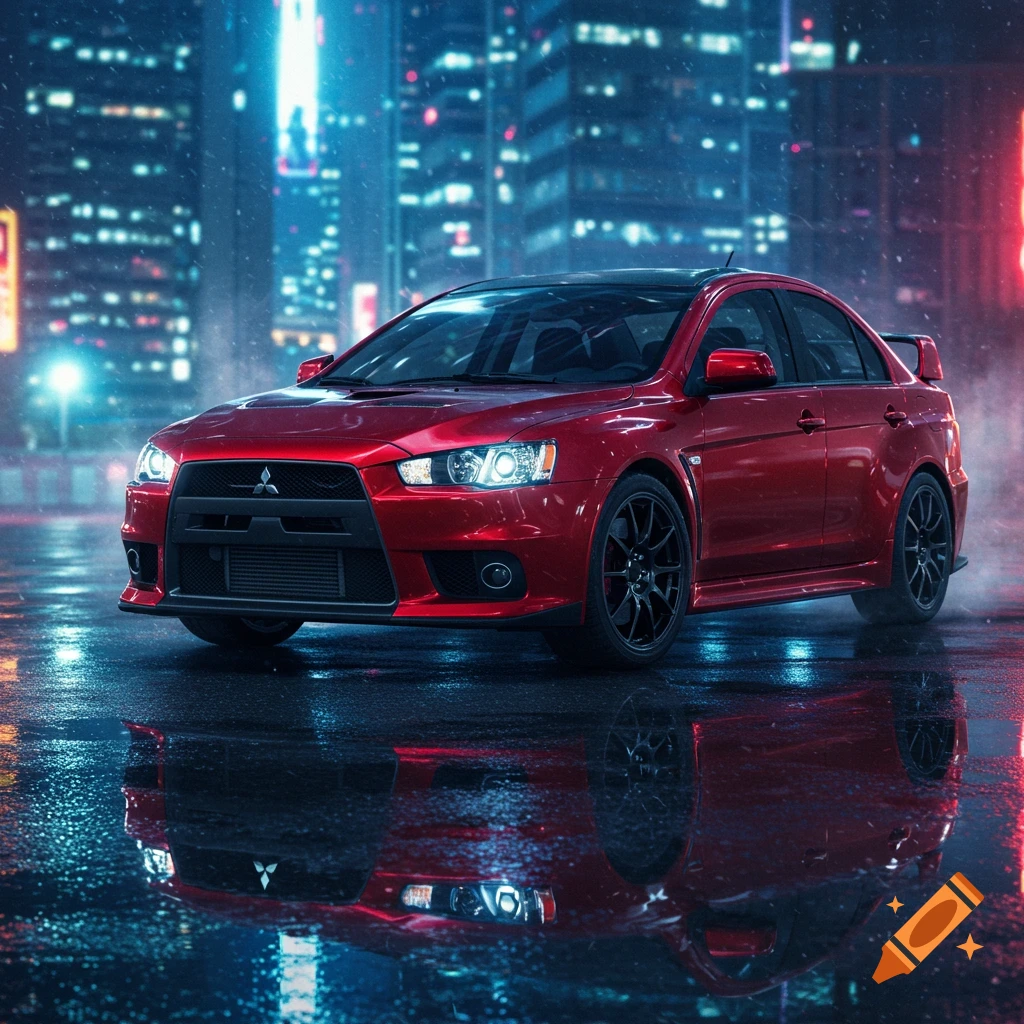 A red Mitsubishi Lancer Evolution on a wet city street at night, reflecting neon lights.