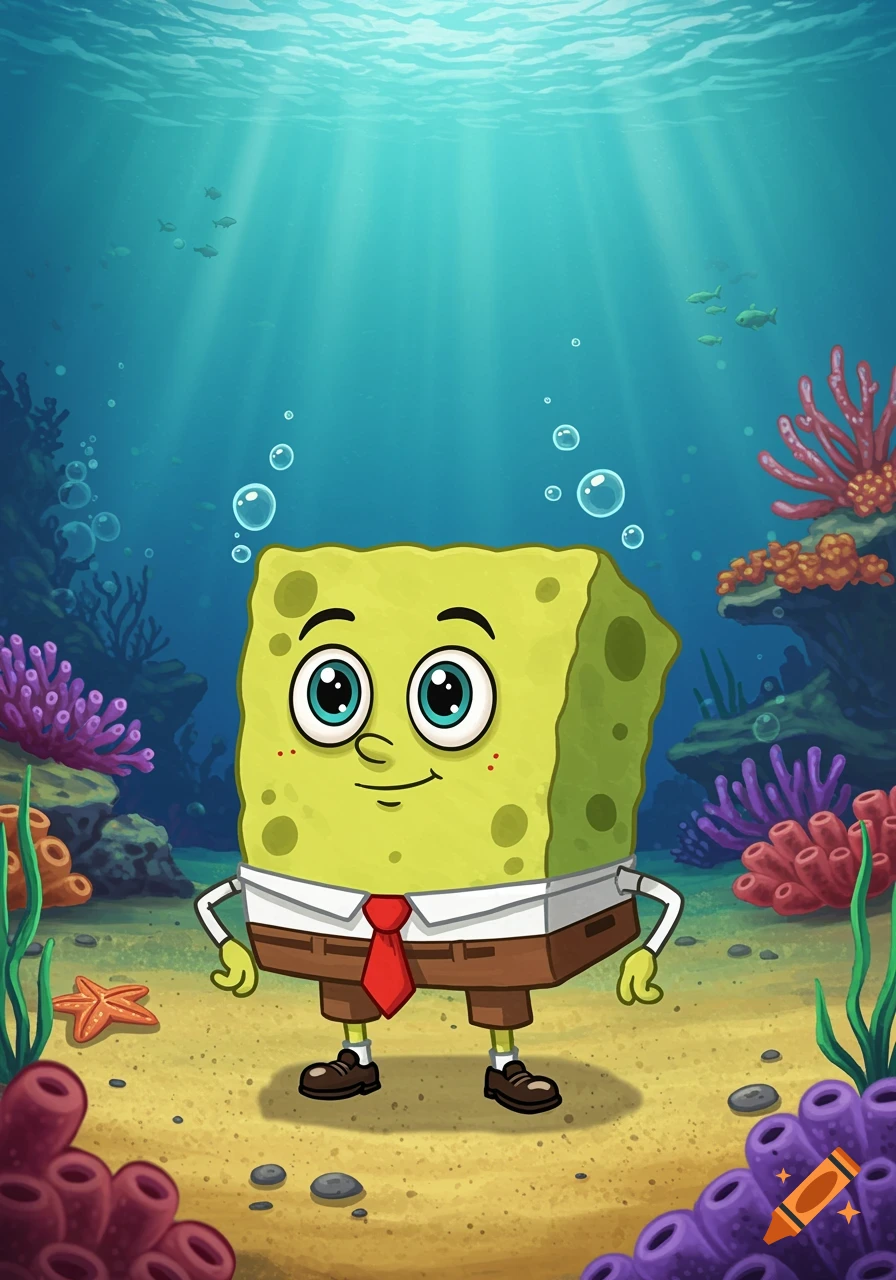 A friendly, cartoonish yellow sponge character in a white shirt and red tie stands on the sandy ocean floor with colorful corals and sunlight filtering from above.