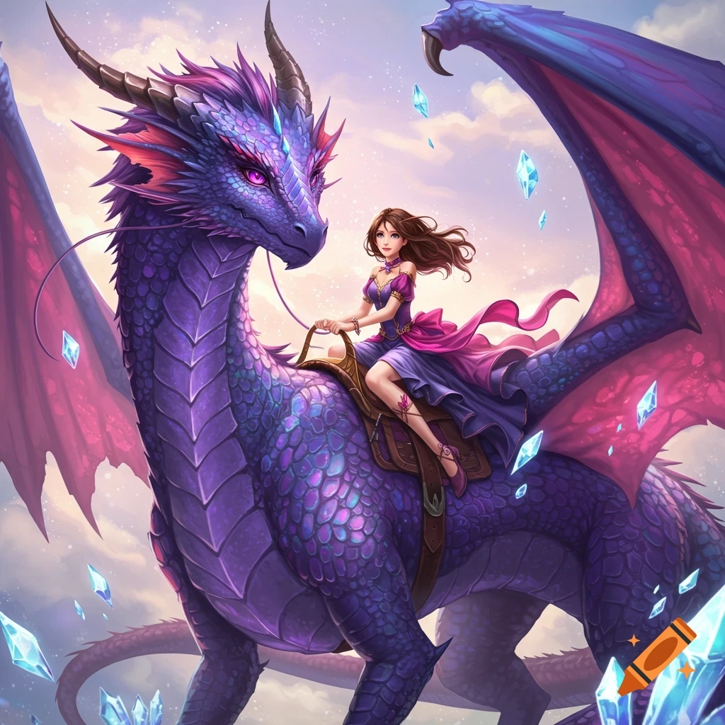 A purple dragon with pink wings carries a girl in a purple and pink dress on its back. Blue crystals float around them in a bright sky.