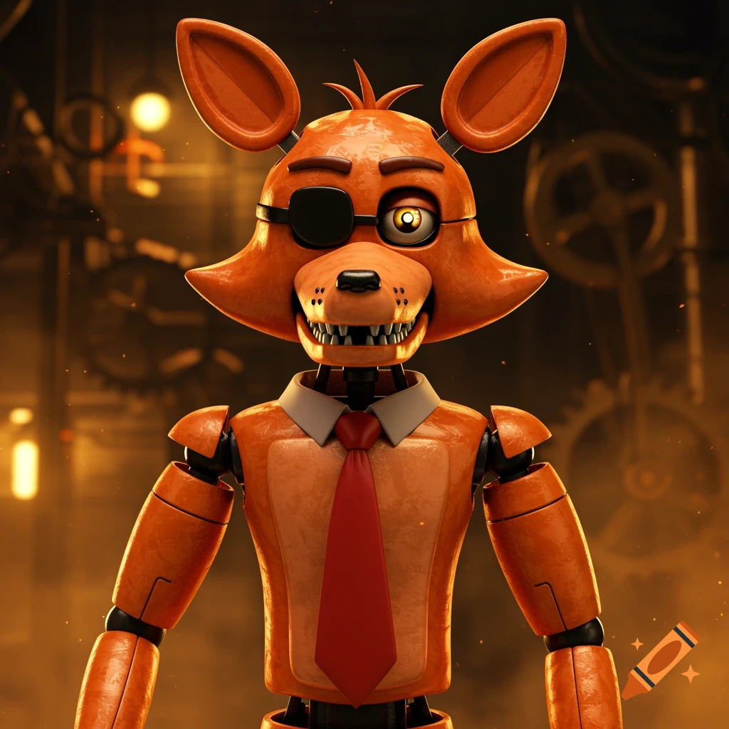 An orange animatronic fox with an eyepatch and red tie stands against a dark, industrial background with gears and lights.