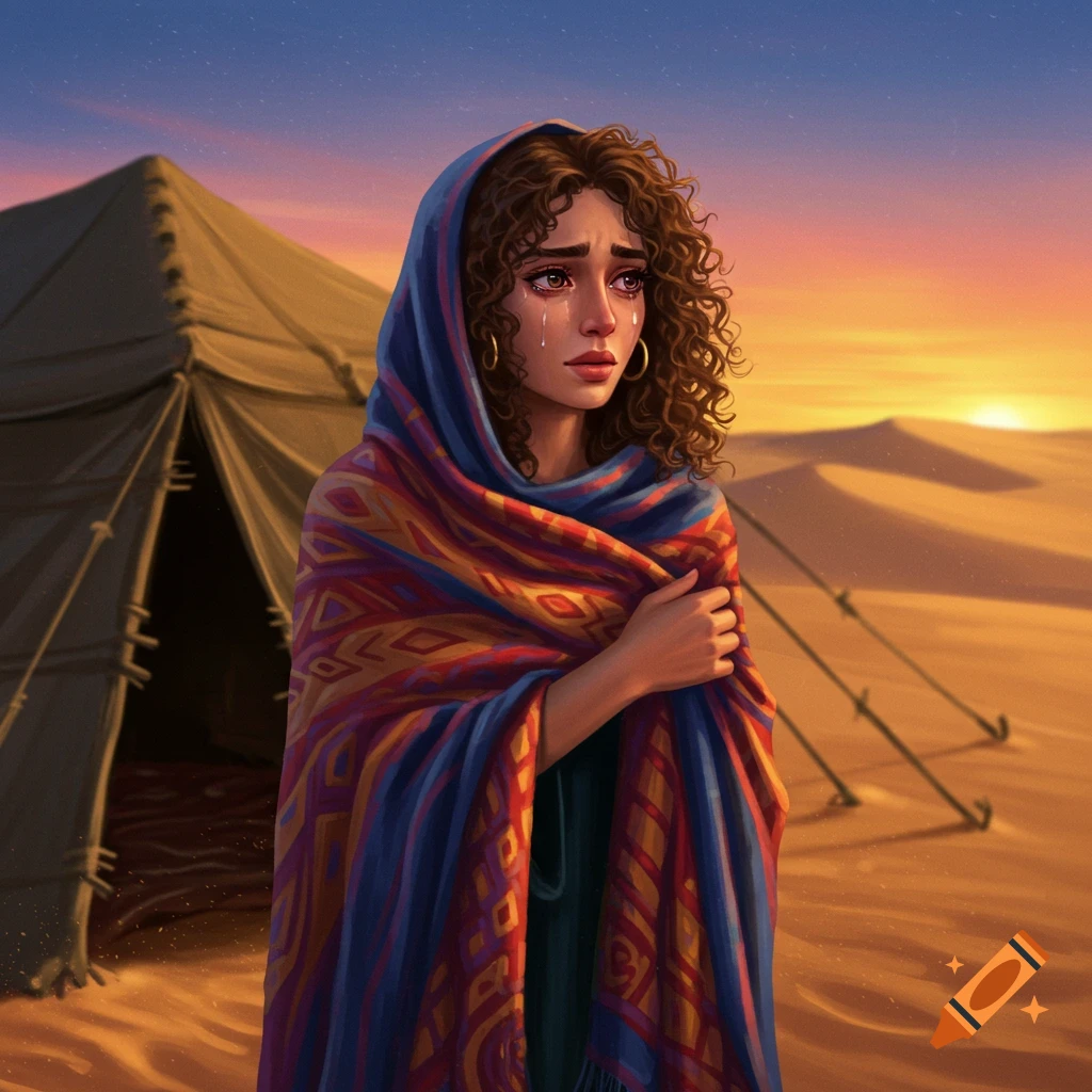 A young Middle Eastern woman with curly hair and a colorful shawl cries sadly in a desert camp at sunset. Illustrated style.