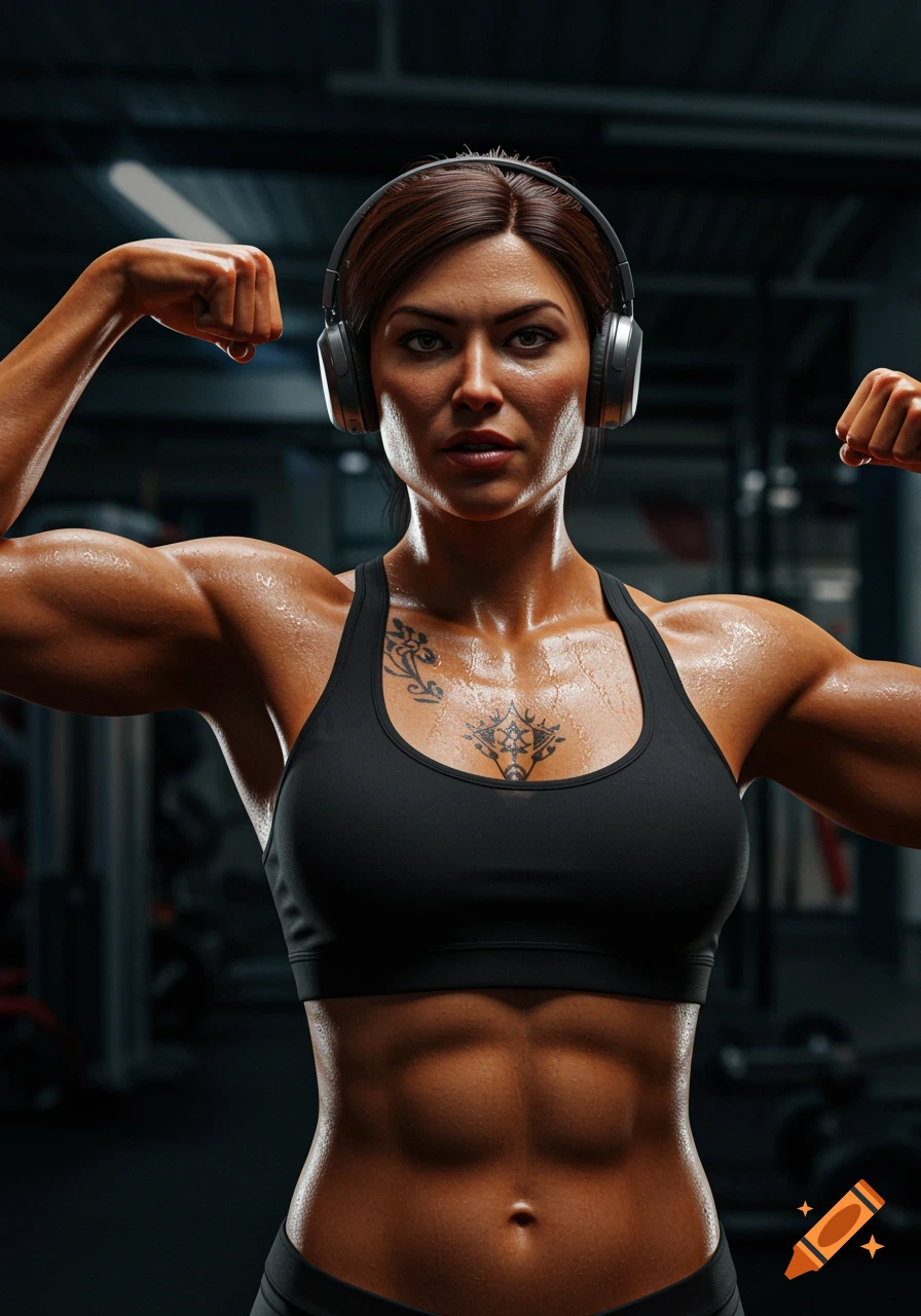A muscular woman in a sports bra and headphones flexes her biceps in a gym. Photorealistic style.