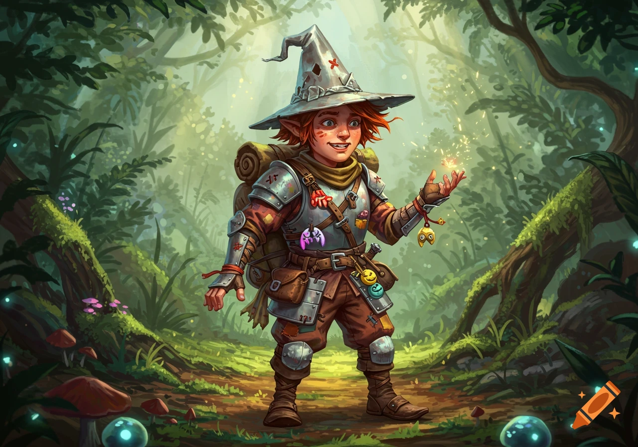 A cheerful fantasy adventurer elf with red hair, a pointy hat, and armor, standing in a magical forest with glowing mushrooms.