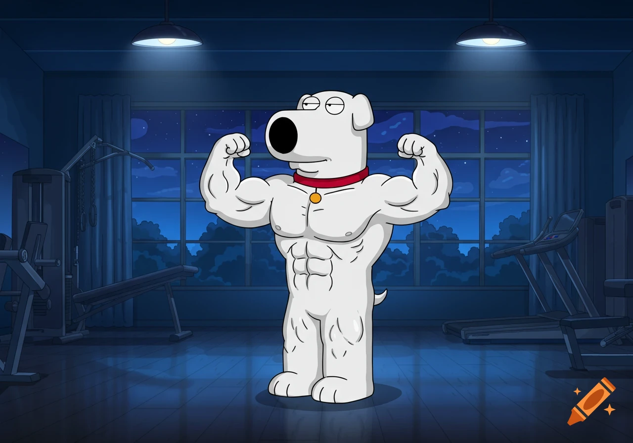 Brian, the dog from Family Guy, flexes his muscular arms and abs in a moonlit gymnasium in cartoon style.