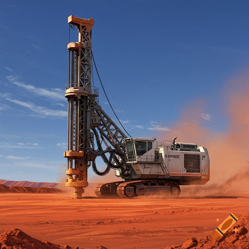 A large Epiroc drill rig operates in a red, dusty open-pit mine under a clear blue sky.