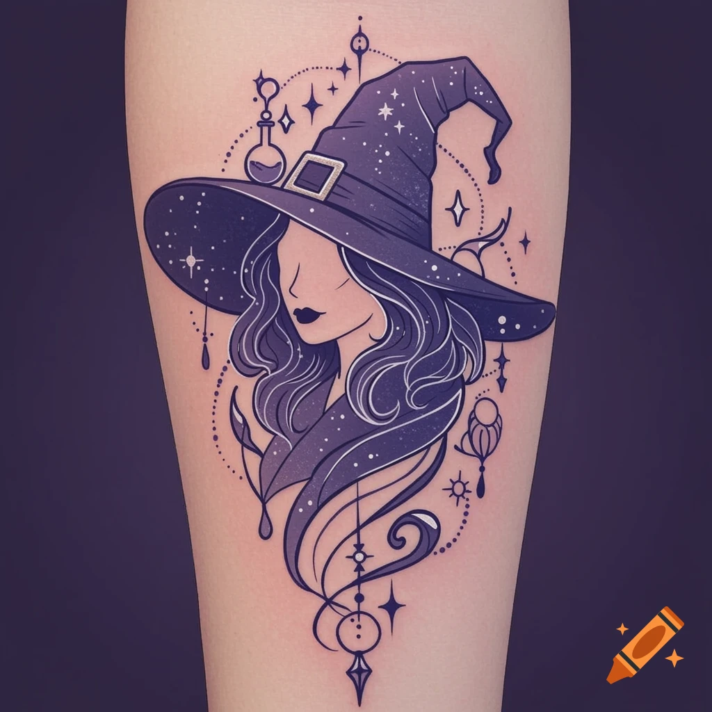 A stylized purple witch tattoo design with a pointed hat, flowing hair, and mystical elements on a leg.