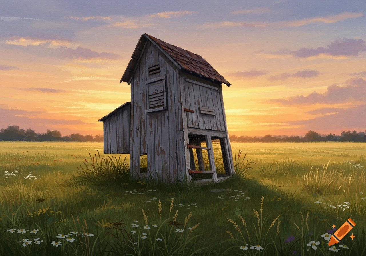 Digital watercolor painting of a crooked old chicken coop standing in a grassy field at sunset.