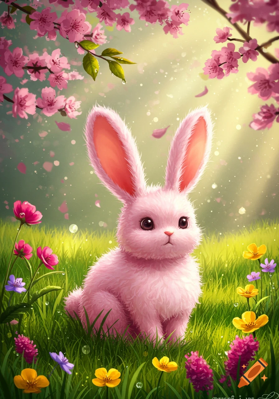 A cute pink fluffy bunny sits in a bright green field with colorful flowers and pink cherry blossoms falling from branches above, in an illustration style.