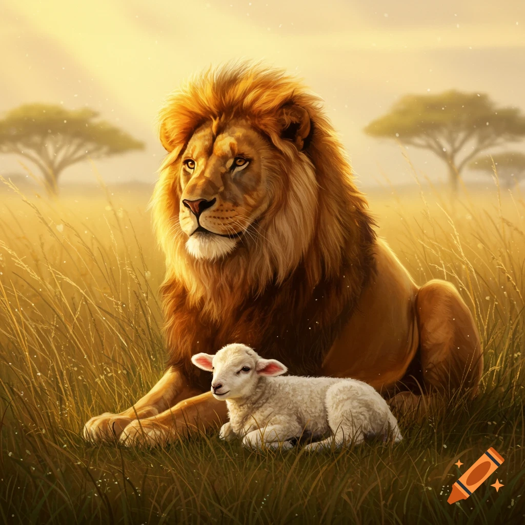A lion and a lamb rest peacefully together in a golden savanna with acacia trees at sunset.