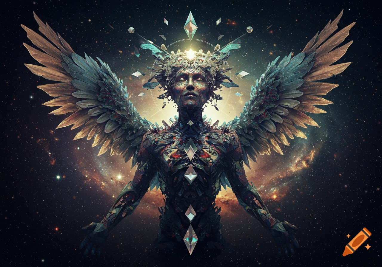 An intricate, winged cosmic deity composed of geometric and organic forms against a starry galaxy background, radiating light.