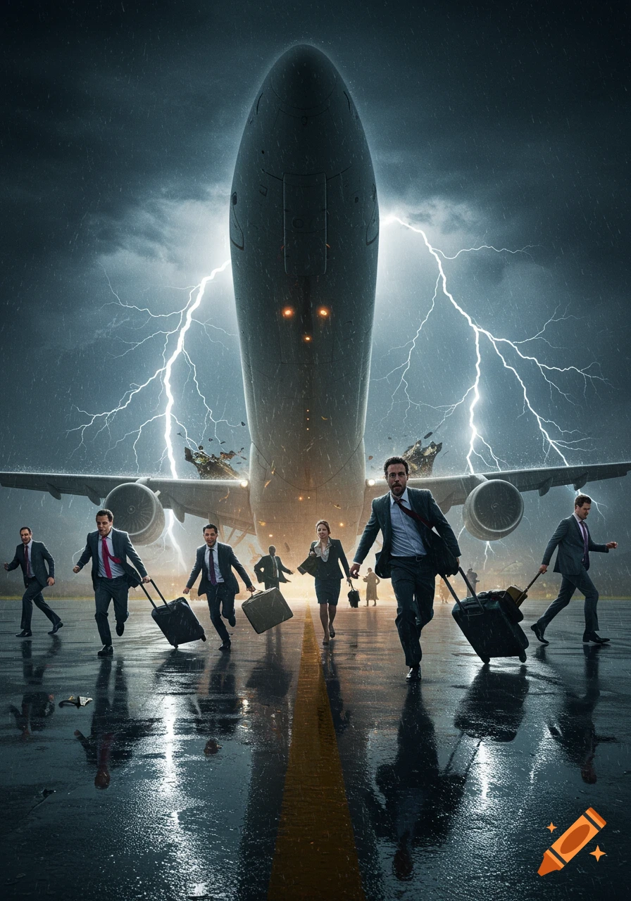 Business people run on a wet airport tarmac under a stormy sky with lightning as an airplane stands behind them.