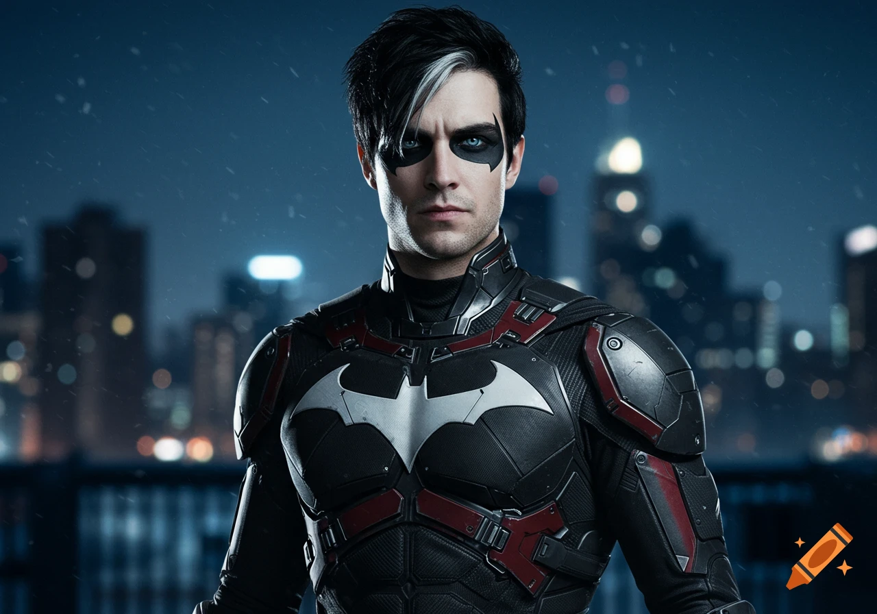 Jason Todd as Red Hood in a black and red suit with a white Batman symbol, standing against a rainy city skyline at night.