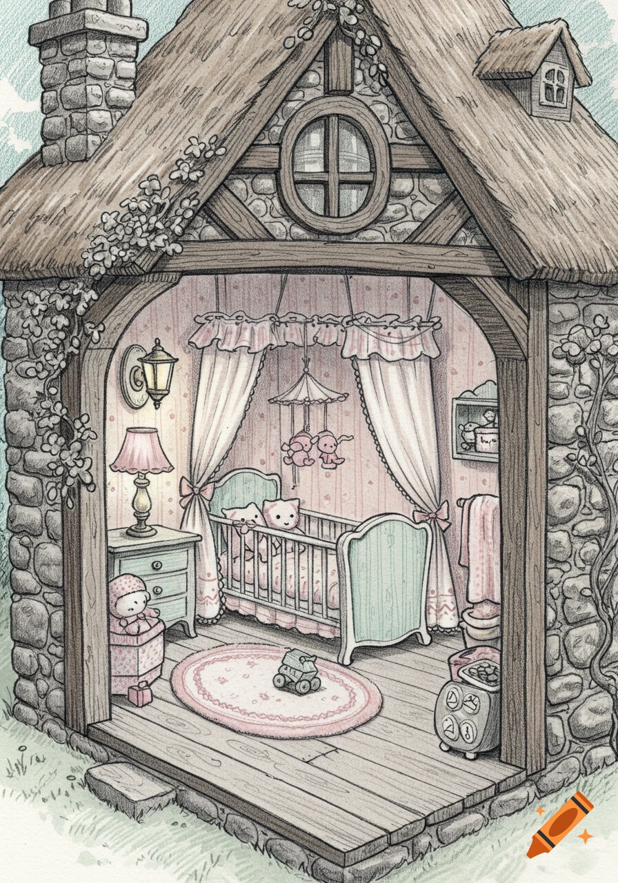 Detailed sketch illustration of a stone house interior revealing a baby nursery with a crib, mobile, and toys.