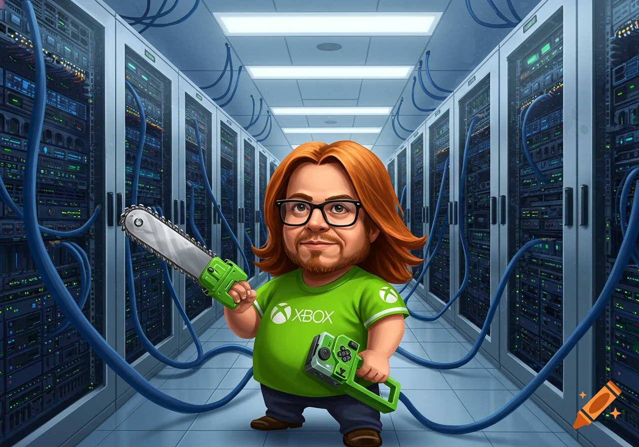 A cartoonish man with auburn hair and glasses wearing an Xbox shirt holds a chainsaw and a green tool in a datacenter.