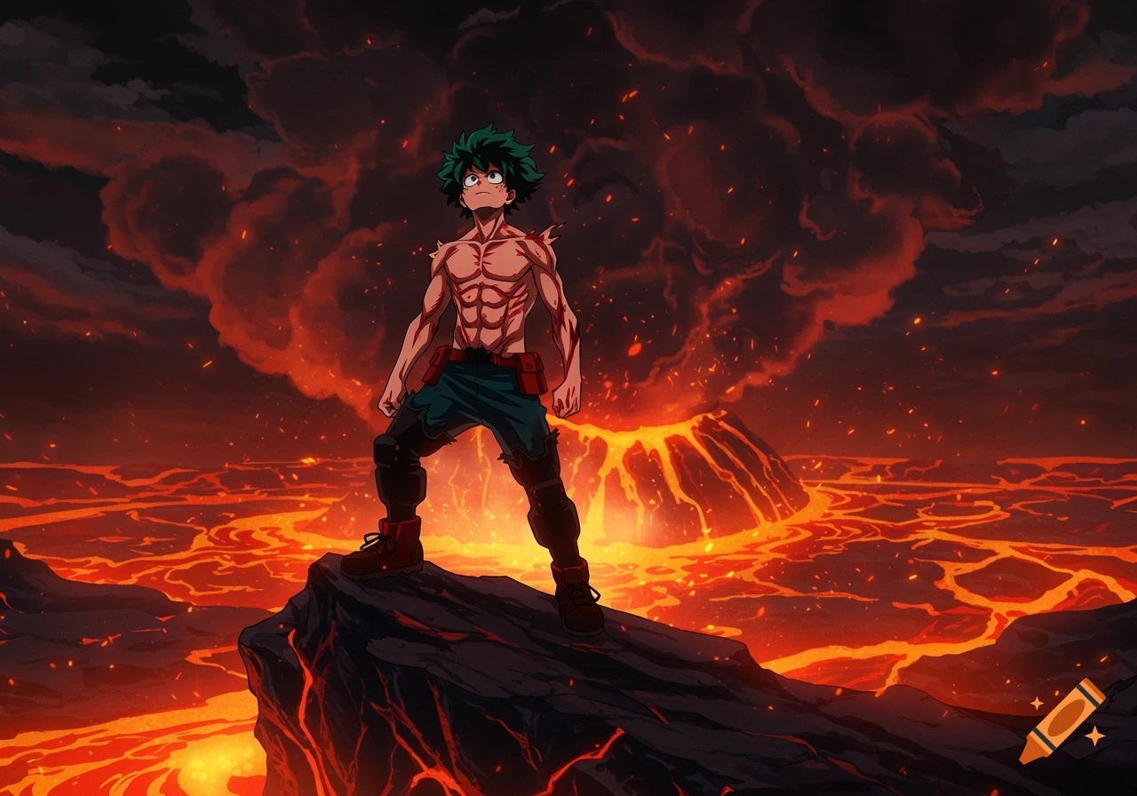Anime character Deku, shirtless with battle scars, standing on a rock amidst a fiery volcanic landscape with lava flows and smoke-filled sky.