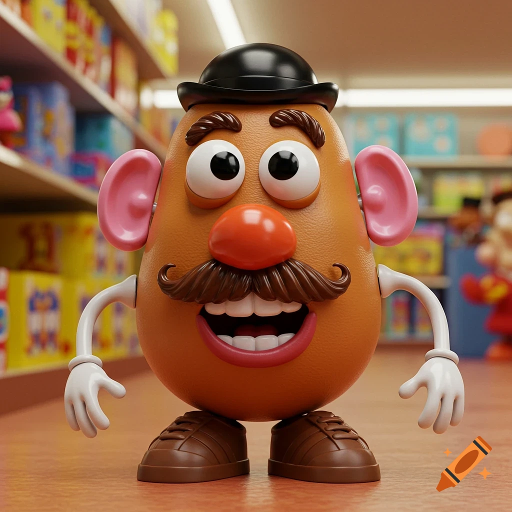 A 3D render of Mr. Potato Head wearing a bowler hat and mustache, standing in a blurred store aisle.