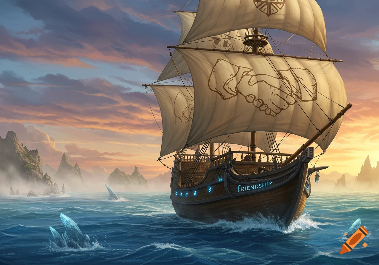 A fantasy sailing ship named Friendship with a shaking hands emblem on its sail, navigating a wavy ocean with glowing ice shards and mountains under a sunset sky.