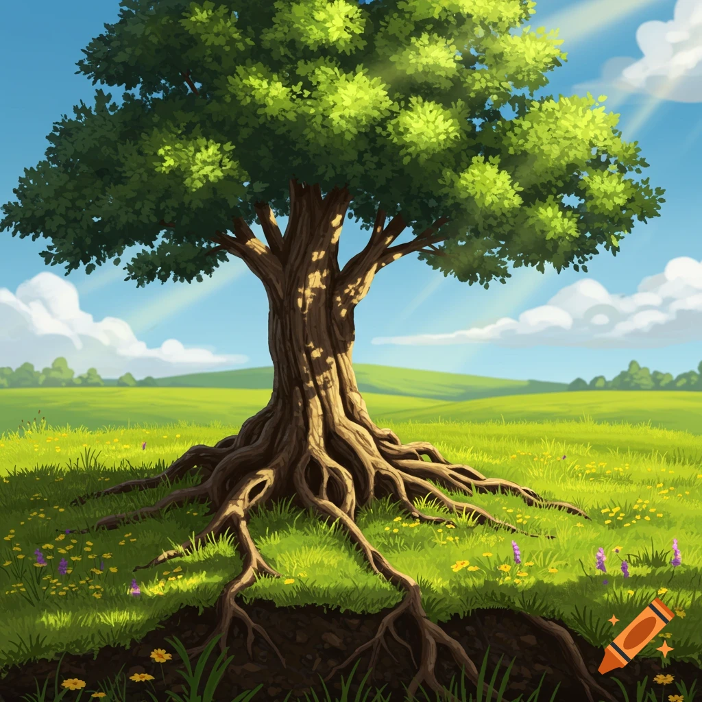A large tree with prominent exposed roots stands in a vibrant green field under a bright blue sky with scattered clouds.