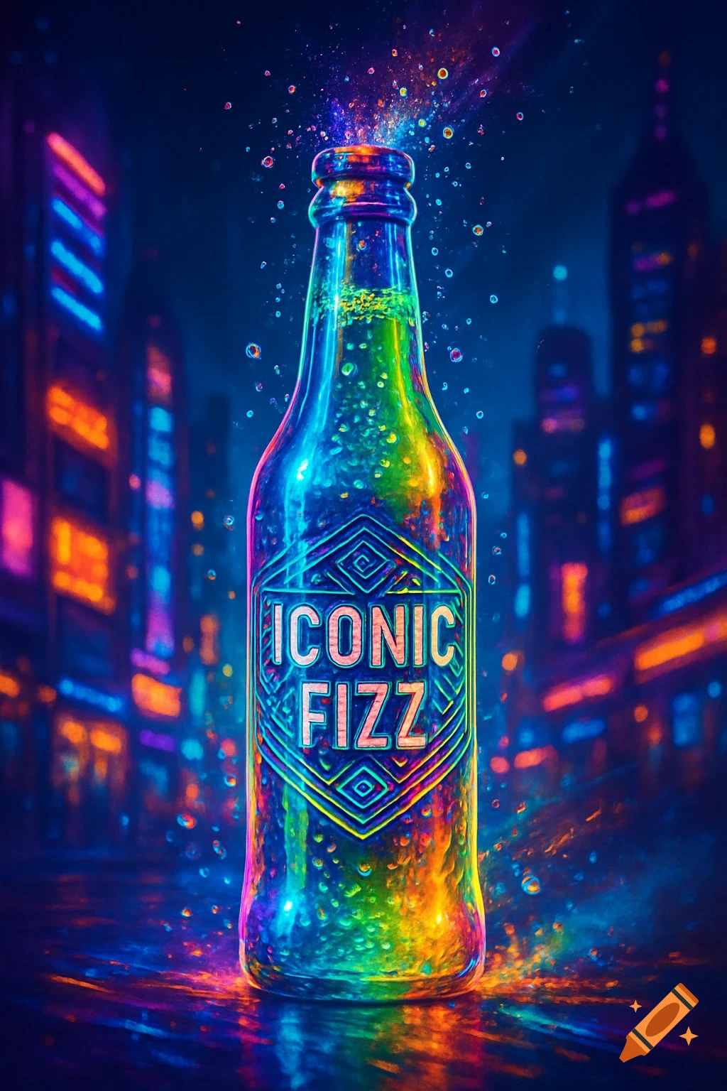 Vibrant, neon-lit bottle of 'Iconic Fizz' soda, shimmering with rainbow colors, against a blurred cyberpunk city skyline at night.