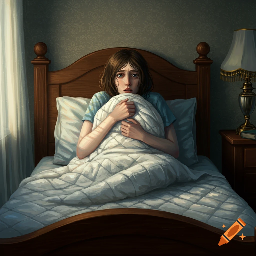 A young woman sits up in bed in a dim room, looking scared and clutching a pillow.