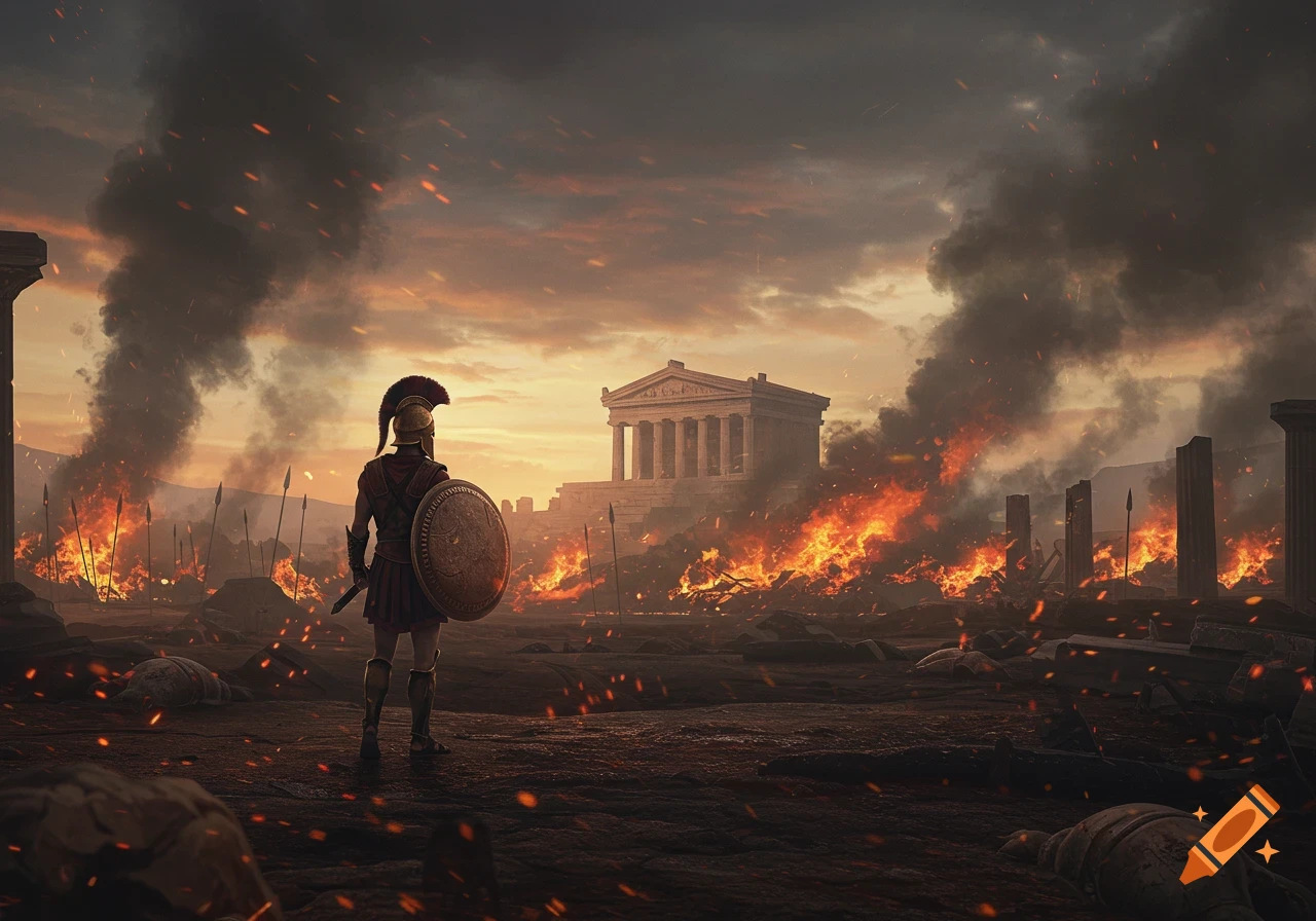 An ancient Greek soldier stands on a smoldering battlefield with a burning temple in the distance under an orange sky.