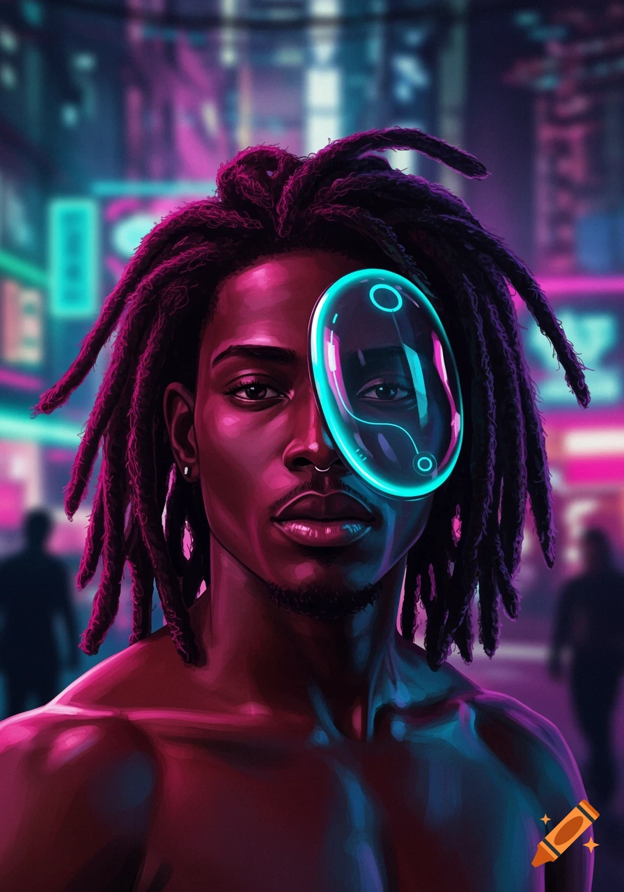 Close-up portrait of a Black man with dreadlocks and a glowing blue futuristic visor over one eye, in a neon cyberpunk city. Digital art.