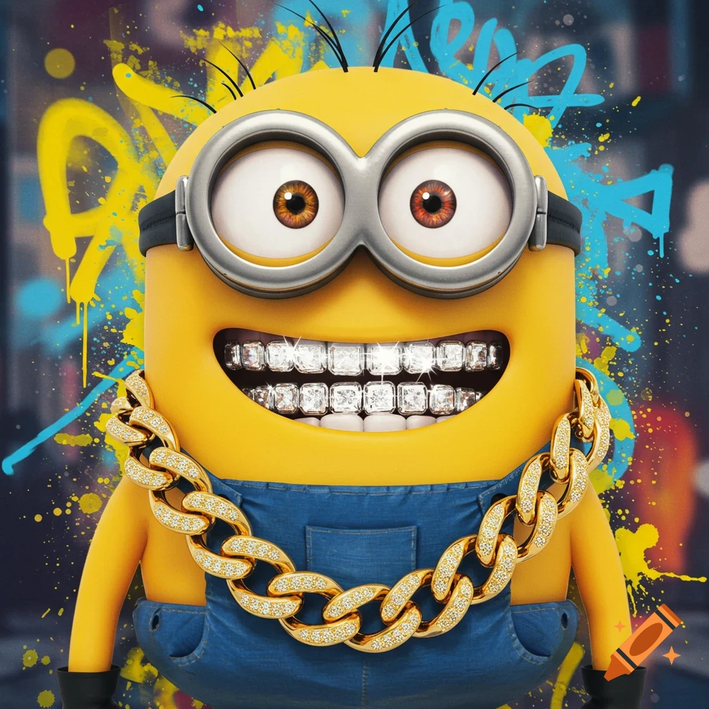A Minion character wearing large silver goggles, diamond grills, and a thick gold chain, against a colorful graffiti background.