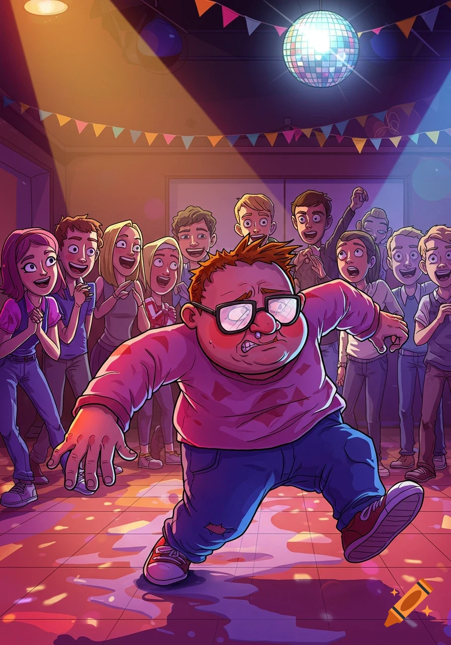 A cartoon illustration of an awkward man dancing at a party under a disco ball, surrounded by amused onlookers.