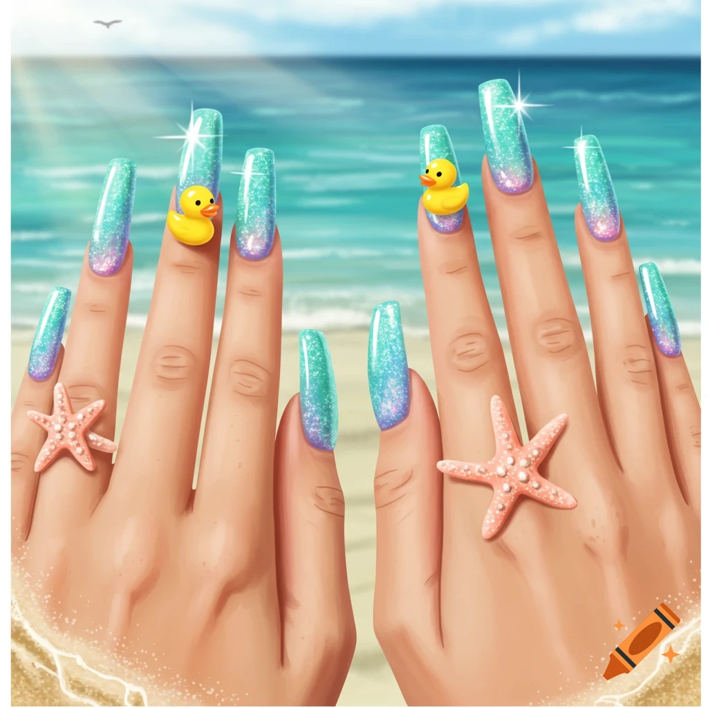 Two hands with long, glittery blue-purple acrylic nails featuring yellow rubber duckies and pink starfish, against a beach and ocean background. Illustrated style.