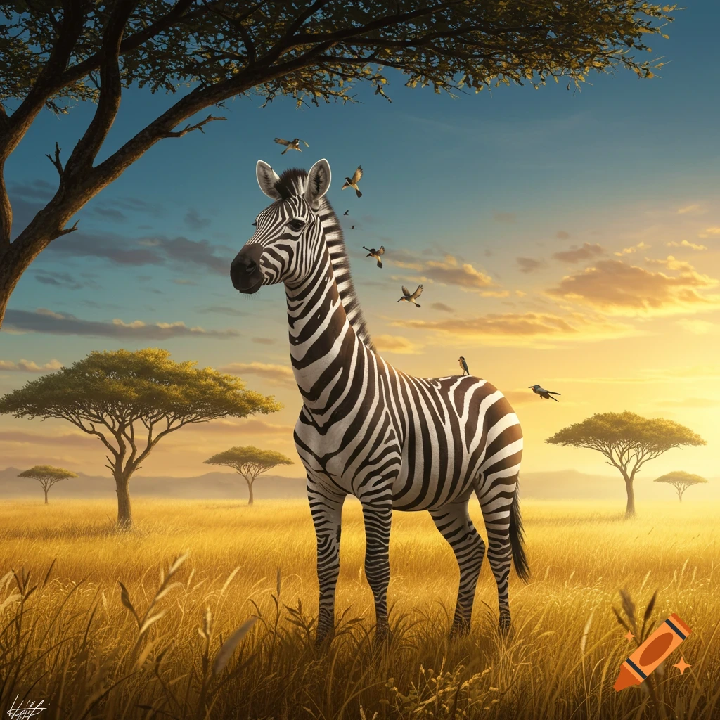 A zebra stands in a golden savanna field under a large tree at sunset, with birds flying in the sky.