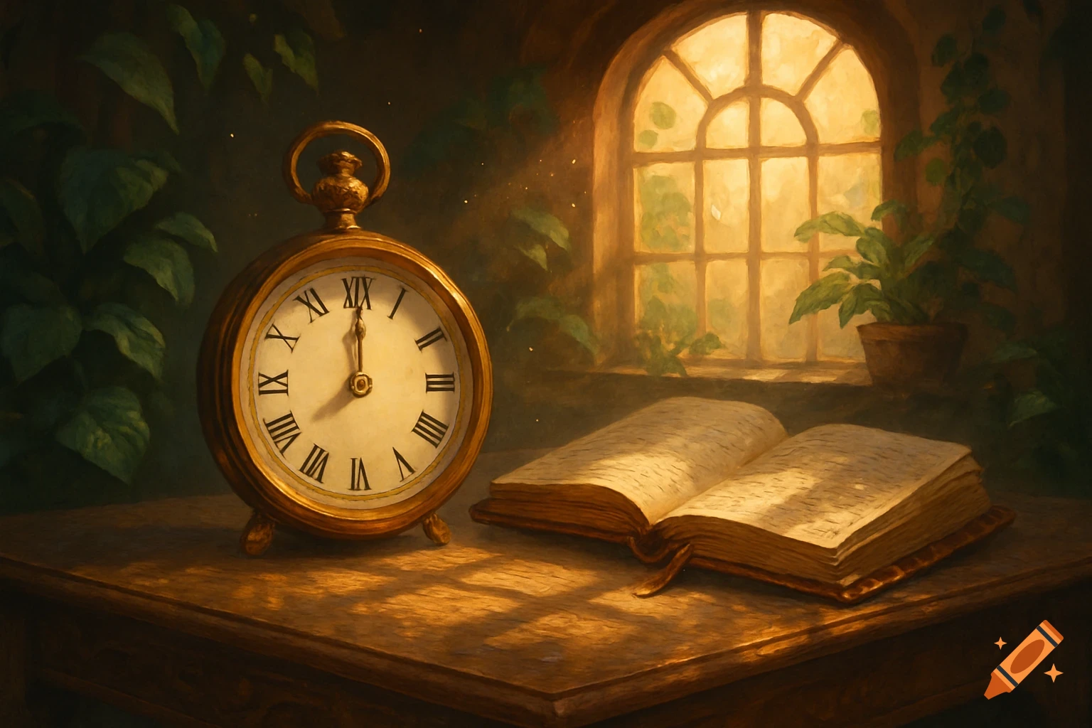 A golden antique pocket watch stands on a wooden table beside an open book, bathed in warm light from an arched window with green plants. The scene has a painterly, golden hour glow.