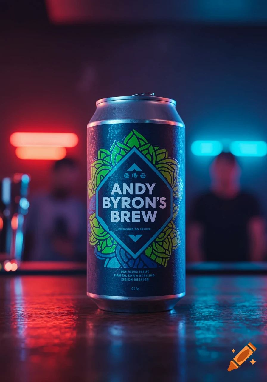 A photorealistic close-up of a condensation-covered beer can with a colorful, ornate label on a dark counter in a neon-lit bar.