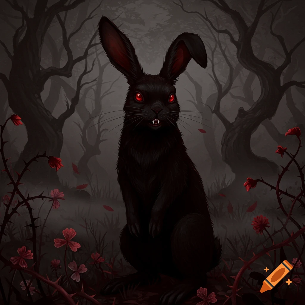 A menacing black rabbit with glowing red eyes and fangs stands in a dark, foggy forest with thorny red plants. Stylized illustration.