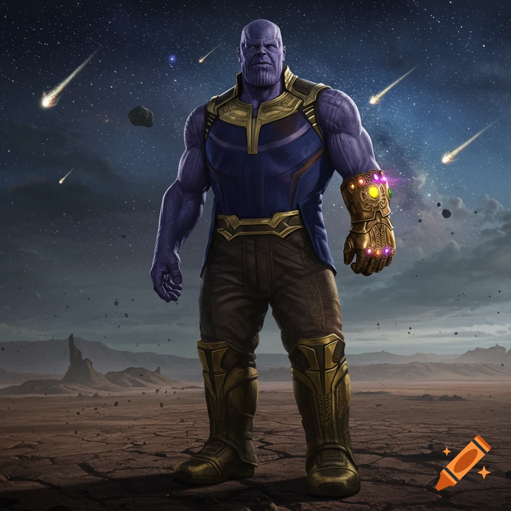Muscular, purple-skinned Thanos in blue and gold armor and Infinity Gauntlet stands on a barren planet under a starry sky with meteors.