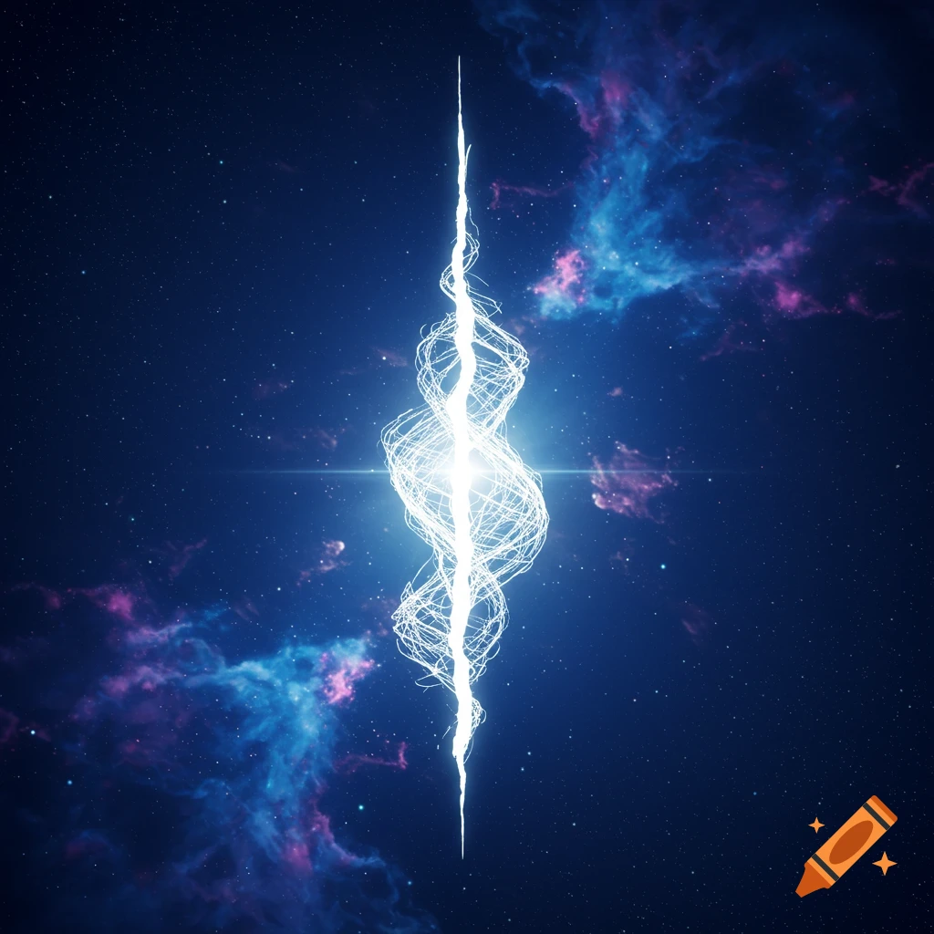 A glowing white light spire, formed by swirling lines, extends vertically through a dark blue cosmic background with stars and colorful nebulae.