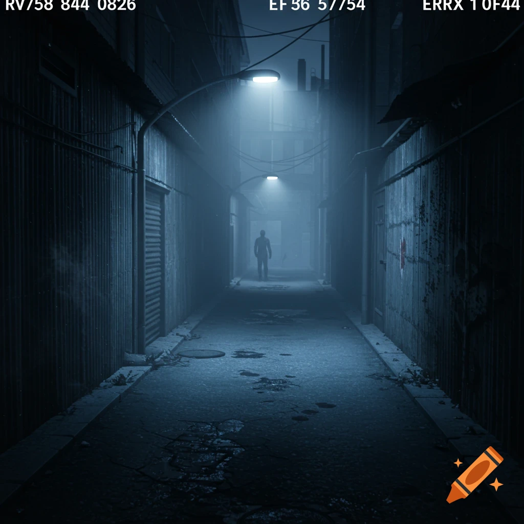 A silhouetted figure walks down a dark, foggy alley lit by streetlights, with CCTV footage overlay text in a moody, photorealistic style.