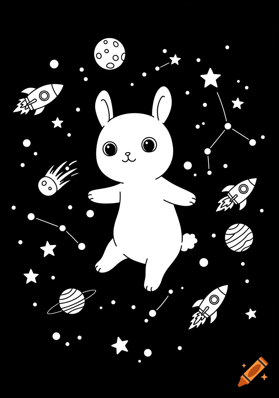 A black and white line art drawing of a cute cartoon bunny floating in outer space among planets, stars, constellations, rockets, and a comet.
