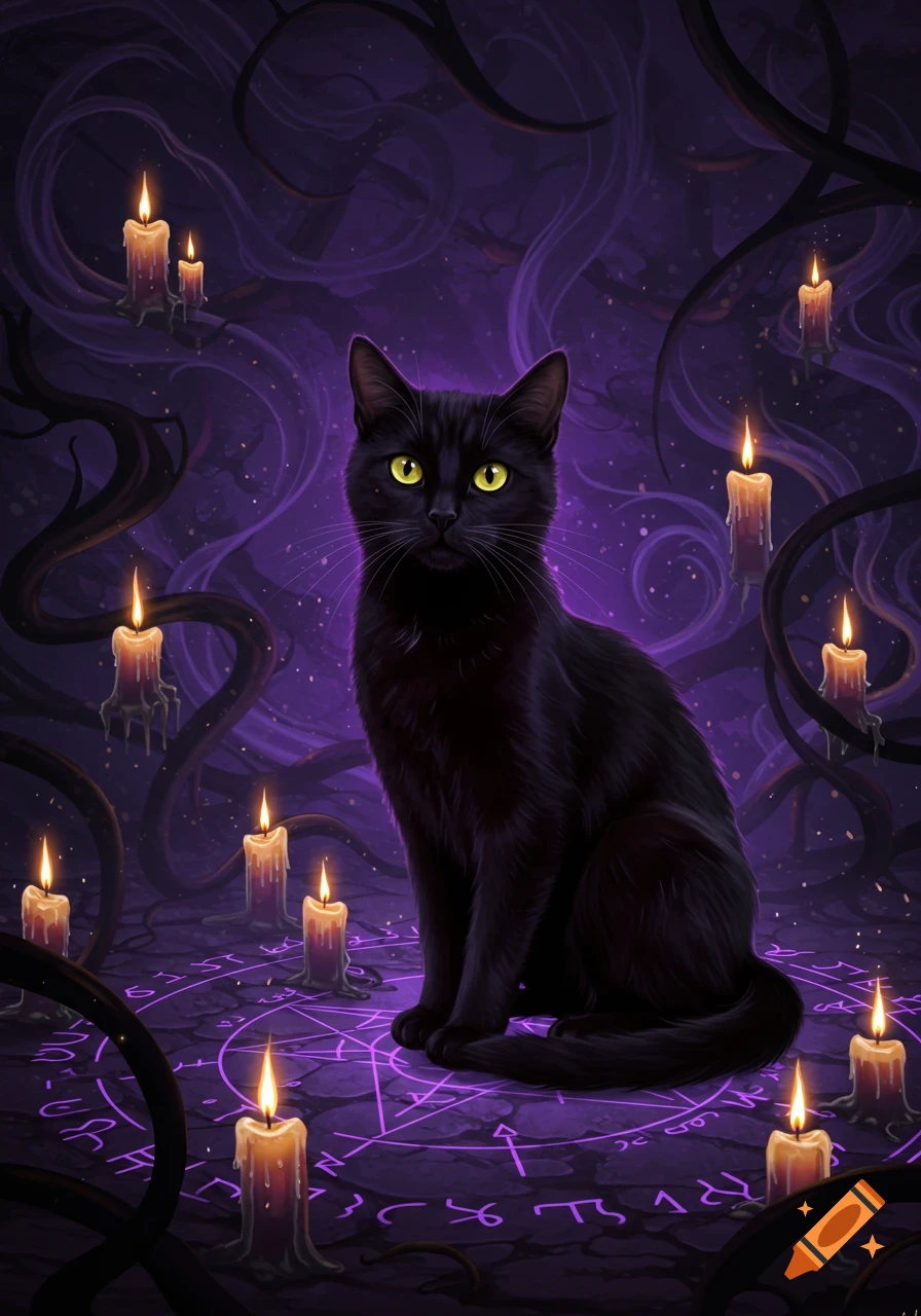 A black cat with glowing yellow eyes sits on a glowing purple magic circle surrounded by lit candles and dark vines against a mystical purple background.