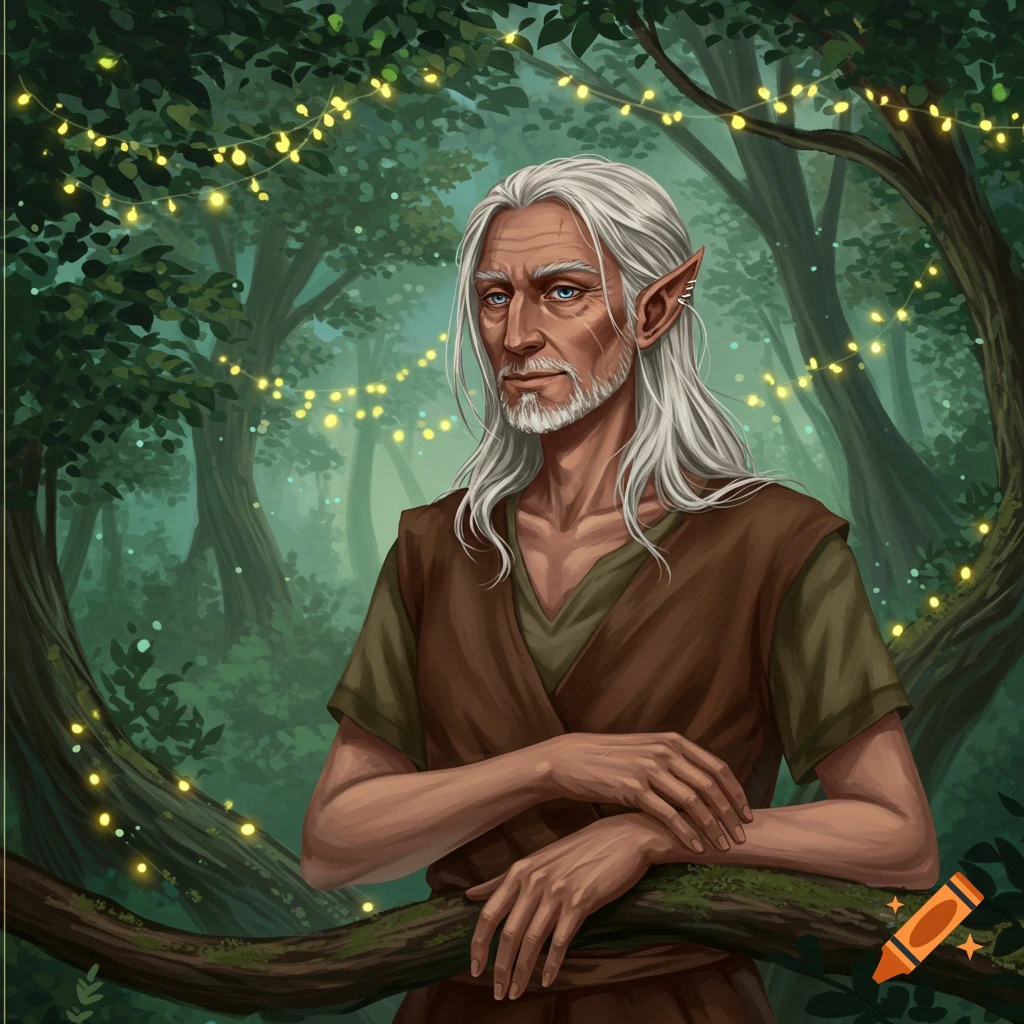 An older male elf with white hair and beard, blue eyes, leans on a tree branch in an enchanted forest with glowing lights. Digital painting.
