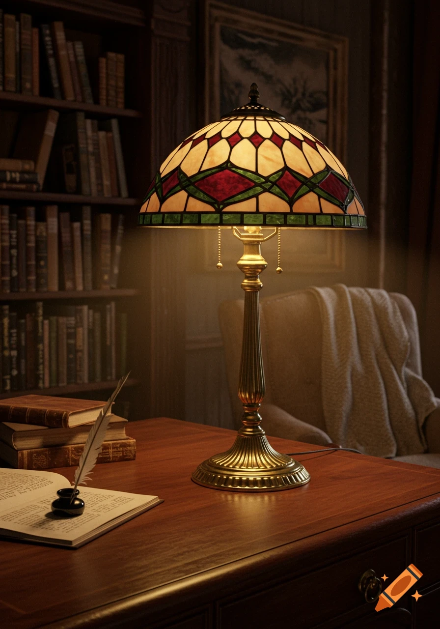 A vintage Tiffany style lamp with a stained glass shade illuminates a dark wooden desk with an open book, quill, inkwell, and stacked books, in a cozy study with a bookshelf and armchair in the background.