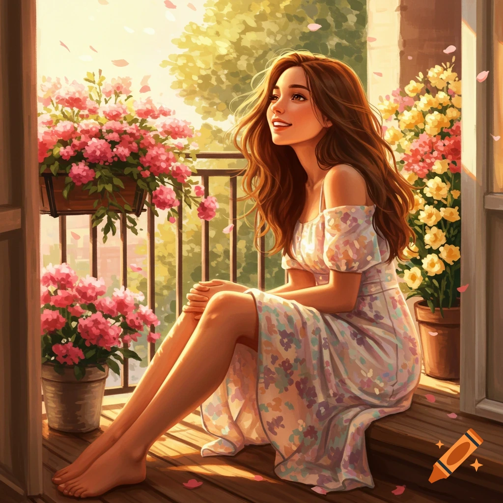 Illustration of a woman with long hair sitting on a sunlit balcony among pink and yellow flowers.