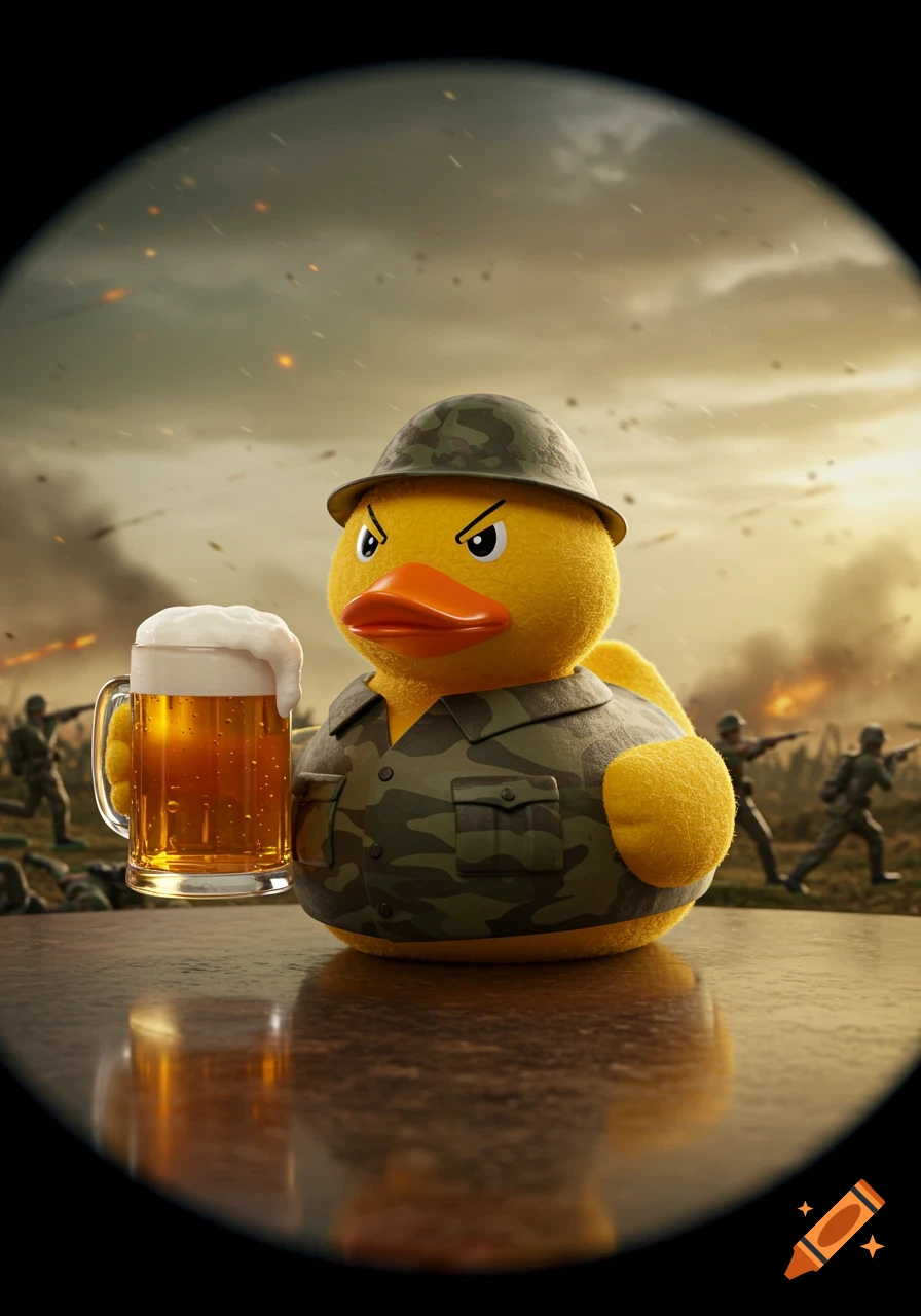 An angry rubber duck in army fatigues holds a frothy beer mug on a table, with a photorealistic, smoky battlefield in the background.