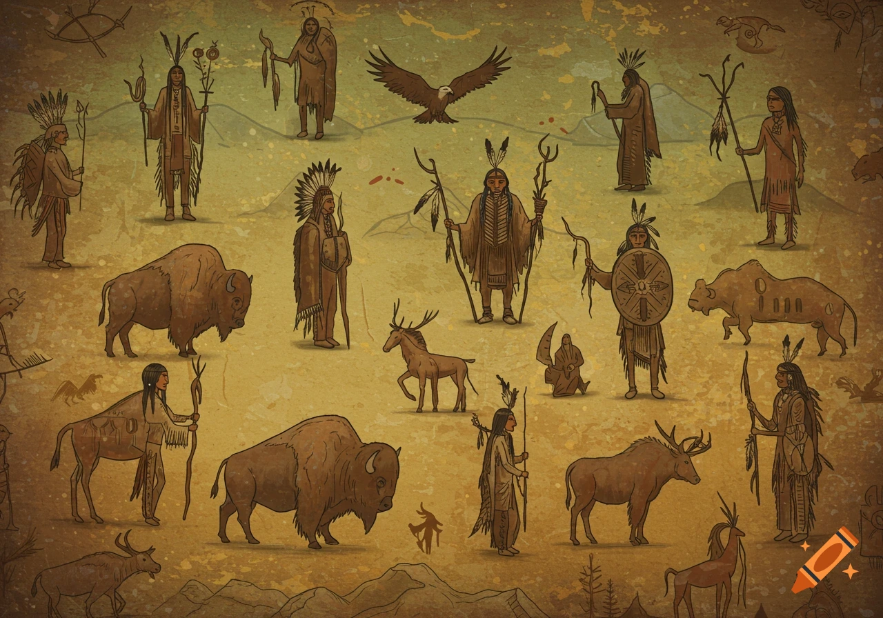 Stylized brown drawings of Native American people and animals on a textured background, resembling ancient winter count art.