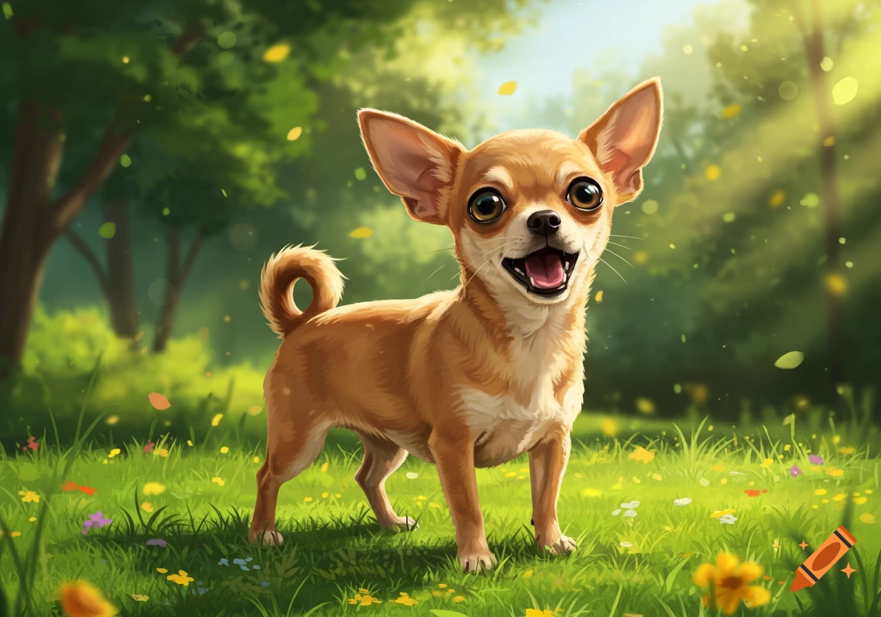 A happy cartoon chihuahua with big eyes and an open mouth stands in a sunny grassy field with trees and falling leaves.